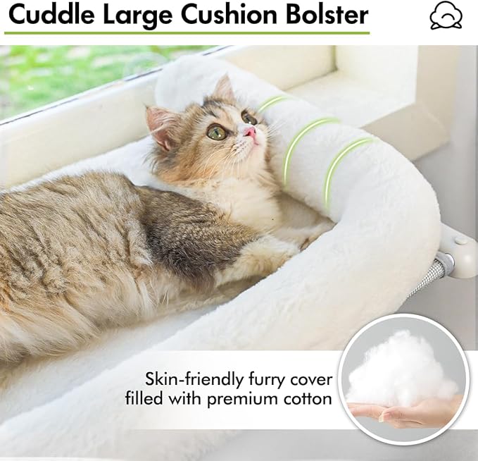 Zoratoo Cat Window Sill Perch with Large Bolster, Easy to Adjust & Assemble Cat Window Seat for Windowsill & Bedside, Pet Hammock Bed for Large Cats and Kittens (White, L)