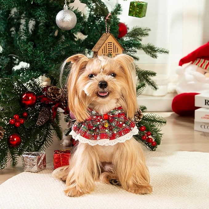 Dog Christmas Outfit – Holiday Dog Bandana with Bells, Plaid Scarf for Small Dogs & Cats, Cute Cat Christmas Outfit for Winter Parties & Photos (S)