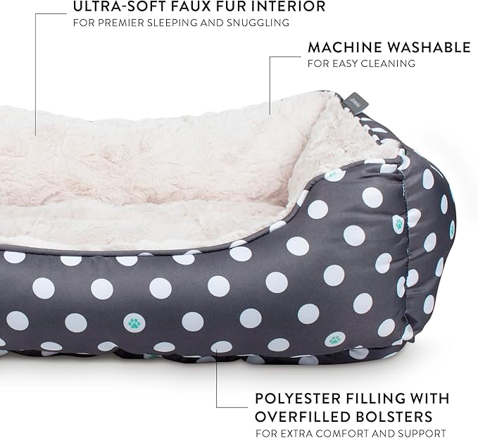 Fringe Studio Dot Paw Charcoal Medium Rectangular Cuddler Pet Bed 25" X 21"- Poly Filled with Faux Fur Interior - Machine Washable (213020)