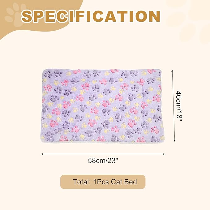 Dog Cat Bed Mat, Soft Coral Fleece Pet Cushion Pad with Cute Paw Print, Warm Washable Pet Bed 23x18 Inches, (Purple), Intended for Medium Small Dog Cat