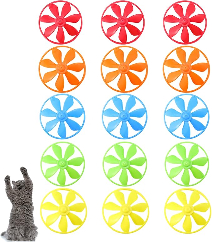 Sumind 15 Pieces Cat Fetch Toys Colorful Flying Propellers Cat Chasing Flying Propeller Playing Toy for Interactive, Exercising, Training, Hunting, Chasing, Batting, 5 Colors