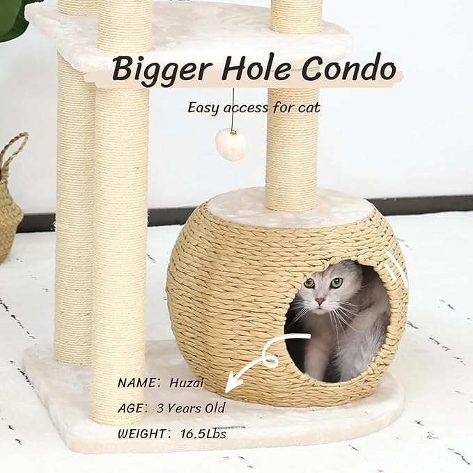 KAMABOKO Modern Solid Wood Cat Tree 53 Inch, Natural Sisal Scratching Posts Cat Tower for Indoor Cats, Cat Condo with Top Perch, Stable Wooden Cat Tree for Large Cats