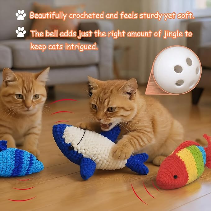 Catnip Fish Toy - Hand-Crocheted with Real Catnip & Bell, Interactive Kicker Toy for Cats Kitten, Soft & Safe for Biting