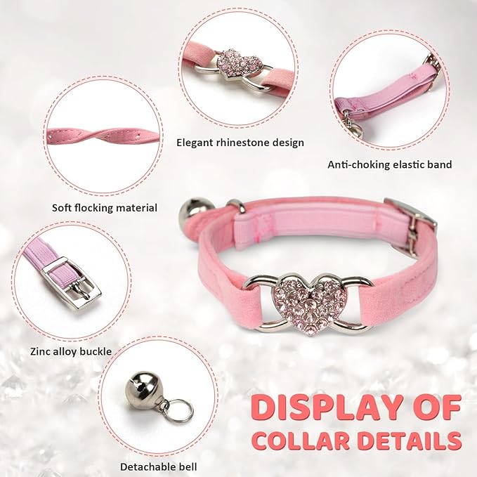 Valentine's Day Heart Bling Pink Cat Collar with Safety Belt and Bell, 3/8" Width Cute Adjustable Collar for Small Dogs and Kitten Cats, S