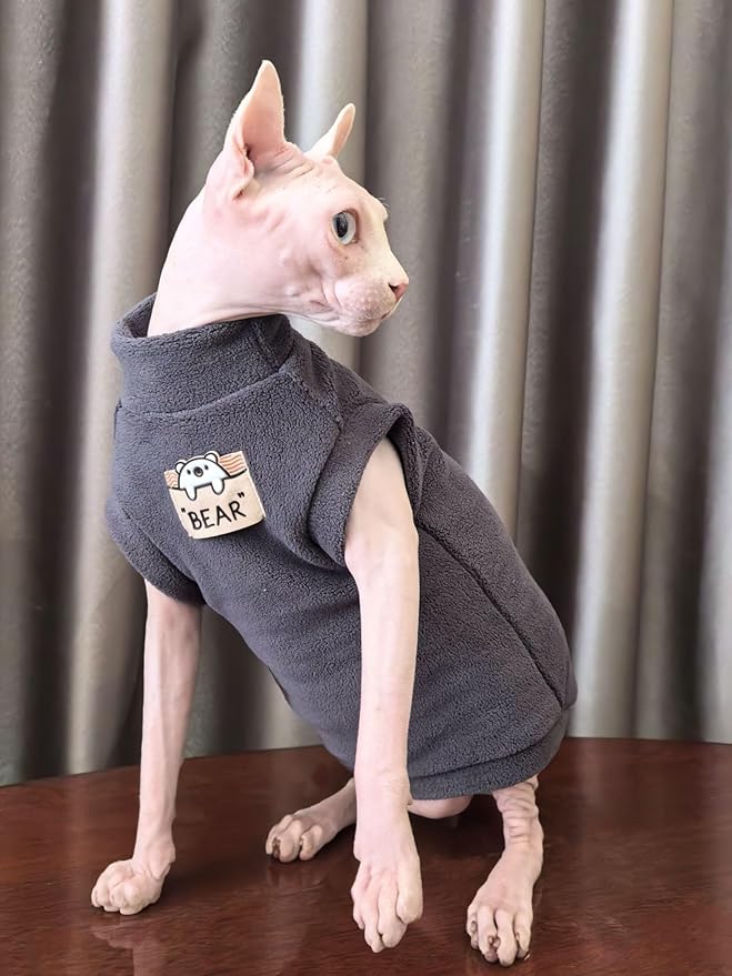 Sphynx Cat Clothes Hairless Cat Warm Fleece Vest Elastic Winter Sweater Outfit, Pet Clothes for Sphynx Cat Coat for Cats and Small Dogs Apparel, Hairless cat Shirts Sweaters (Blue Grey, Large)