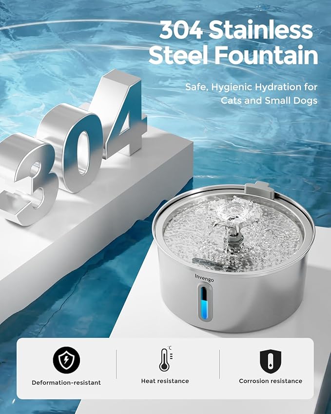 Cat Water Fountain Stainless Steel 3.2L/108oz, Invengo Automatic Pet Fountain for Cats & Dogs, Ultra Quiet <25 dB Pump, Includes 6 Replacement Filters & Sponges, LED Water Level Window, Easy to Clean