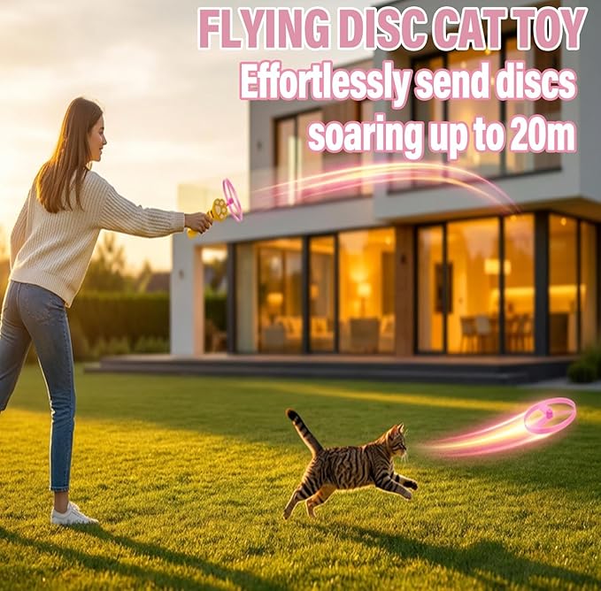Cat Fetch Toy | One-Touch Automatic Launcher | Up to 20m Range | 6 Flying Discs | USB-C Rechargeable | No Winding Needed | Interactive Indoor Outdoor Cat Toy