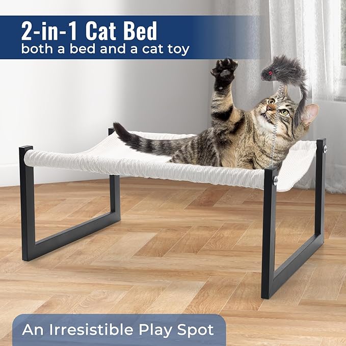Elevated Cat Bed with 360° View - Rust-Proof Metal Frame, Removable Machine Washable Mattress (Thin), Includes Cat Toy - Easy Assembly