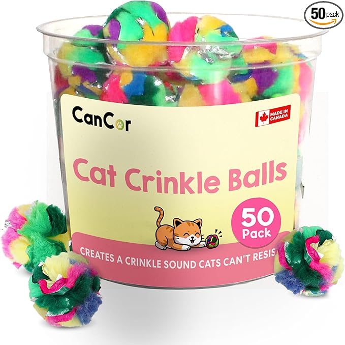 Crinkle Cat Toy Balls 50 Pack | Soft Cat Crinkle Toys for Indoor Cats & Kittens | Food-Grade Acetate Safer Than Mylar | Made in Canada
