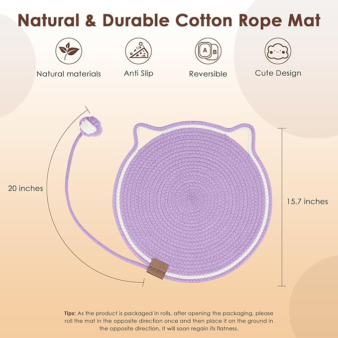 Letalong Cat Scratcher Mat, Natural Cotton Rope Cat Scratch Pad, 15.7'' Round Horizontal Floor Cat Scratching Pads for Indoor Cats, Cat Furniture Protector for Wall, Couch, Carpets, Sofas, Purple