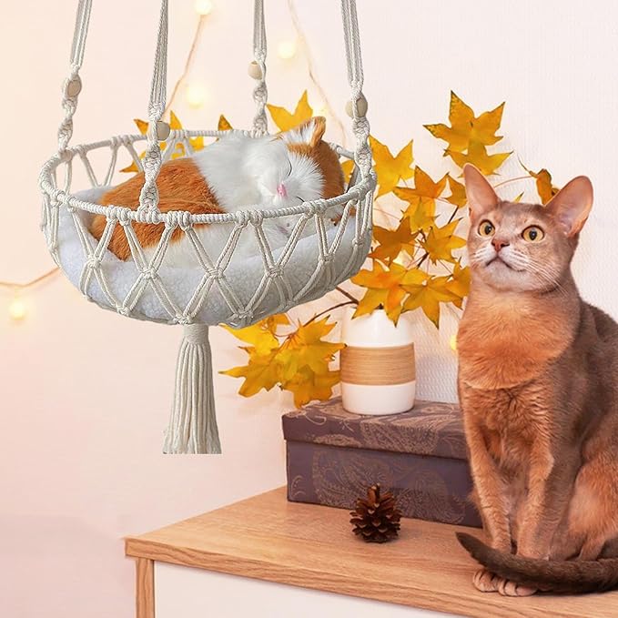 Cat Hammock, Space Saving Hanging Cat Bed Hammock Cat Swing for Indoor Cats, Boho Cat Swing Bed for Sleeping, Playing, Climbing, Lounging