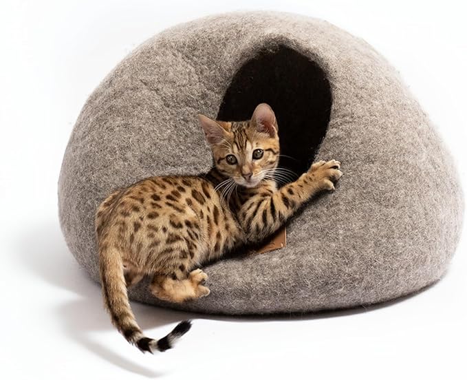 Best Aesthetic Cat Bed - Premium Felted Wool Cat Cave Bed - Cozy Peekaboo Round Cave for Large or Small Cats (Small, Earth Brown)