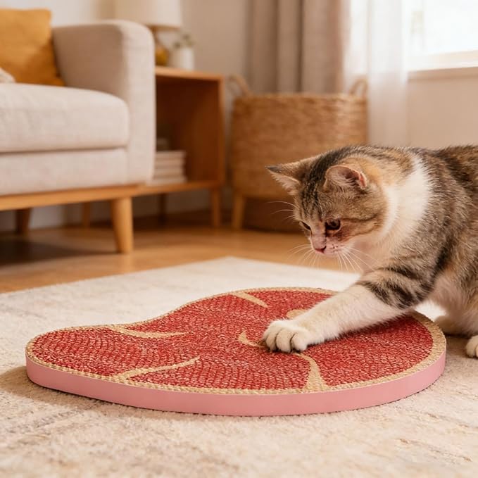 Steak Shape Cat Scratch Board Non-Slip Cat Lounge Bed Textured Scratching Pad Furniture Protection for Home Bedroom Apartment Dorm Office Indoor Use (Color-Red)
