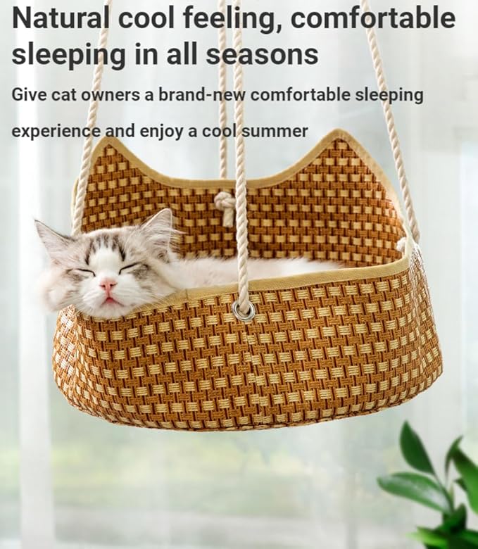 Rattan Cat Hammock - Summer Hanging Basket for Balcony, Cat Bed, Basking Sun Nest, Cage, Pet Supplies