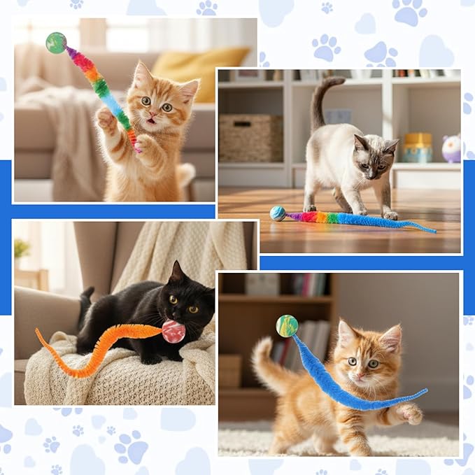 Skrfren 5 pcs Interactive Cat Worm Toys Balls, Bouncy Balls for Cats Colorful Bouncy Ball with Fuzzy Tails Rainbow Worm Cat Toy for Cats Pet Party Favors, Promotes Active Play