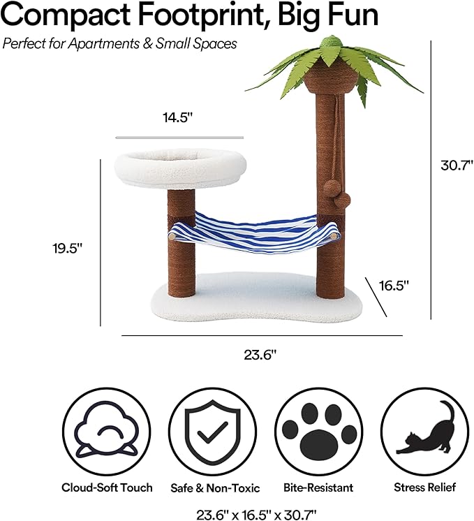 ZEZE Summer Coconut Island Cat Tree with Hammock & Bed — Tropical Palm Tree Cat Scratching Post, Cozy Plush Cat Nest, Sisal Rope Climbing Tower for Indoor Cats, Stable Base