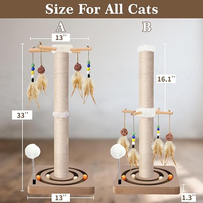 PAROTO Tall Cat Scratching Post, 33 Inch Sisal Cat Tree Tower Scratcher for Large Adult Indoor Cats, 2 Mounting Methods, Hanging Toys and Double Ball Track Activity Center