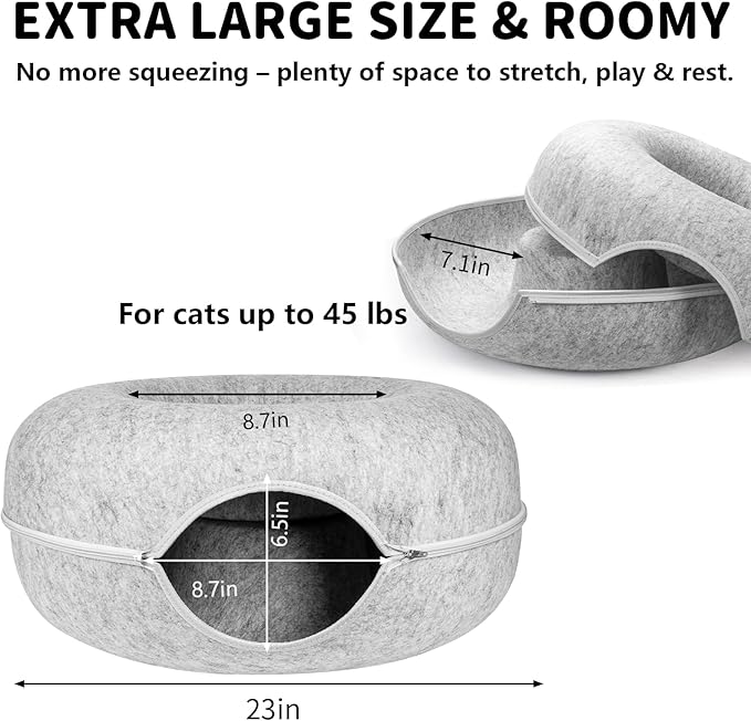 Cat Cave Bed Tunnel Donut 2 Pack– Peekaboo Felt Hideaway for Indoor Large Cats up to 45 lb – Detachable Washable Scratch-Resistant – Multi-Cat & Kittens, Grey