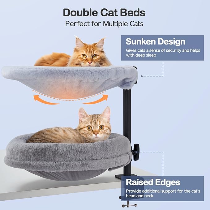 Odoland 2 in 1 Cat Desk Bed - Cat Hammock for Home Workers - 360 Rotating Adjustable Heigh Desktop Perch Clamp with Replace Mattress - Max Weight 80LBS for Kitten Adult Cats Small Pet