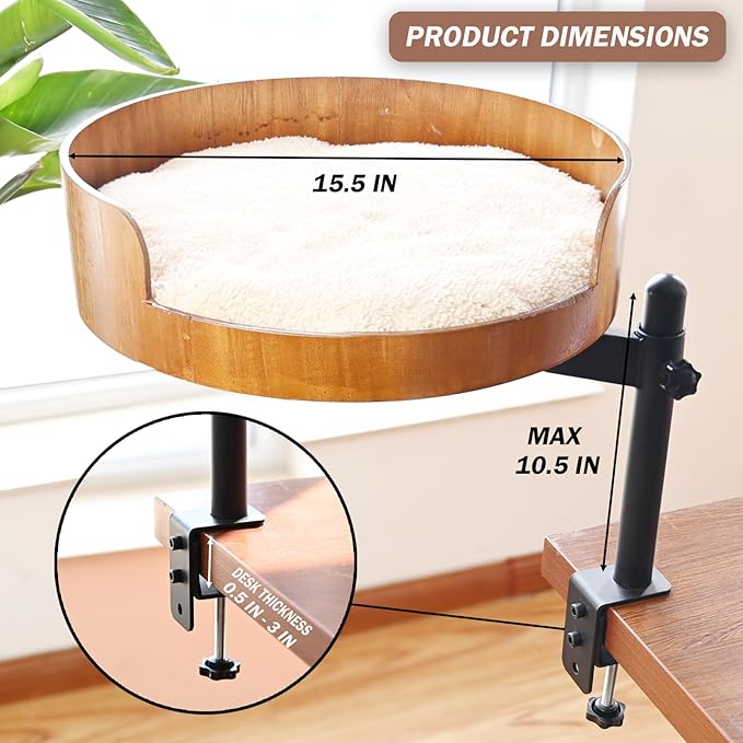 Cat Desk Bed - 360° Rotating & Adjustable Wooden Perch with Washable Pet Mat, Space-Saving Hammock for Home Office/Computer Desks (Wood)
