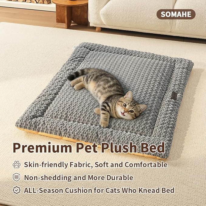 SOMAHE Cat Beds Flat Cat Bed Mat, Premium Plush Cat Mat with Non-Slip Bottom, 1.2" Thick All-Season Kneading Cushion, Machine Washable Anti-Static Pet Bed 15×23Inch, Grey