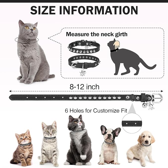 Leather Cat Collars for Boy Girl Cats with Bell and Safety Elastic Belt, Personalized Rivets Stud Adjustable Safe Buckle Collar with Skull Charm for Kitty Small Pets, Black