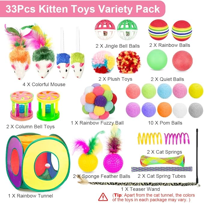 Retro Shaw Cat Toys Pack 33Pcs, Interactive Kitten Toys for Indoor Kittens Cats, Collapsible Kitty Play Tunnel Tent Feather Wand Balls Bell Springs Mouse Kitty Toys for All Breeds (Medium Tunnel)