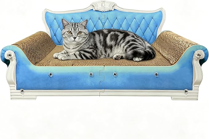 Luxury Cardboard Cat Scratcher Sofa Bed, Couch Shaped Scratching Board, Scratch Lounge with Catnip, Cat Scratcher for Indoor Cats Large Blue 25.4" Large
