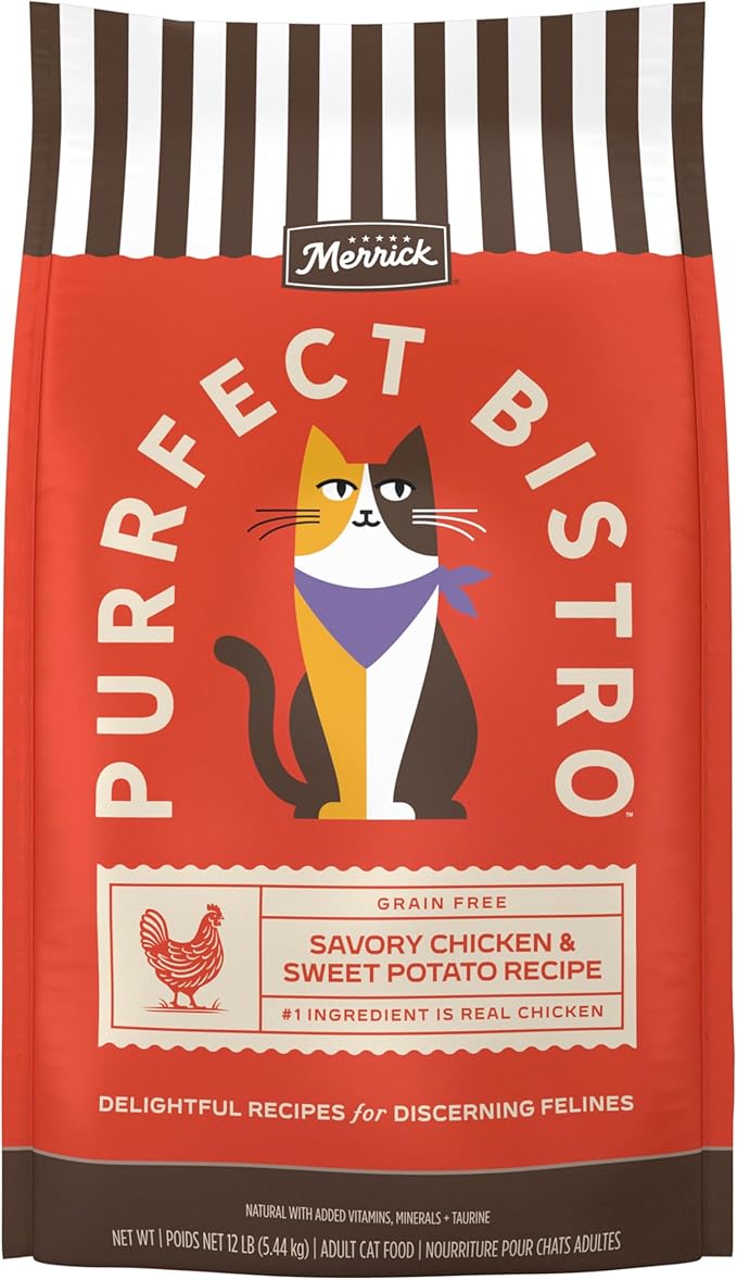 Merrick Purrfect Bistro Grain Free Chicken and Sweet Potato Recipe Natural Dry Cat Food for Adult Cats, High Protein, Outdoor or Indoor Cat Food - 12 lb. Bag