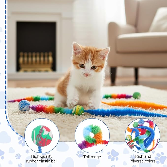 Skrfren 5 pcs Interactive Cat Worm Toys Balls, Bouncy Balls for Cats Colorful Bouncy Ball with Fuzzy Tails Rainbow Worm Cat Toy for Cats Pet Party Favors, Promotes Active Play