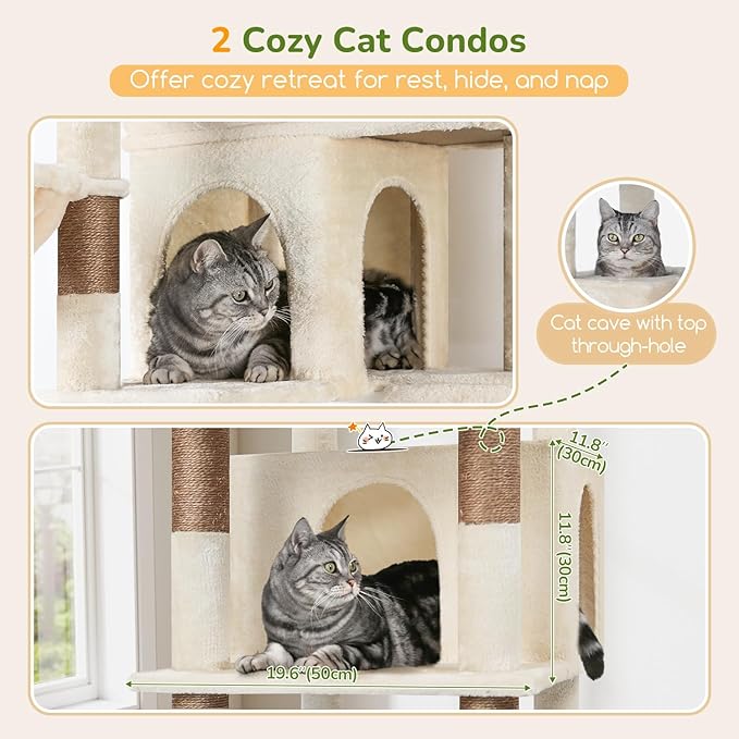 Globlazer Extra Large Cat Tree Tower 80in XXL Tall Cat Tree for Multiple Indoor Cats Large Adult Kittens with Scratching Posts, 2 Widened Perches, Adjustable Baskets, 2 Cozy Cat Condos, S80G, Beige