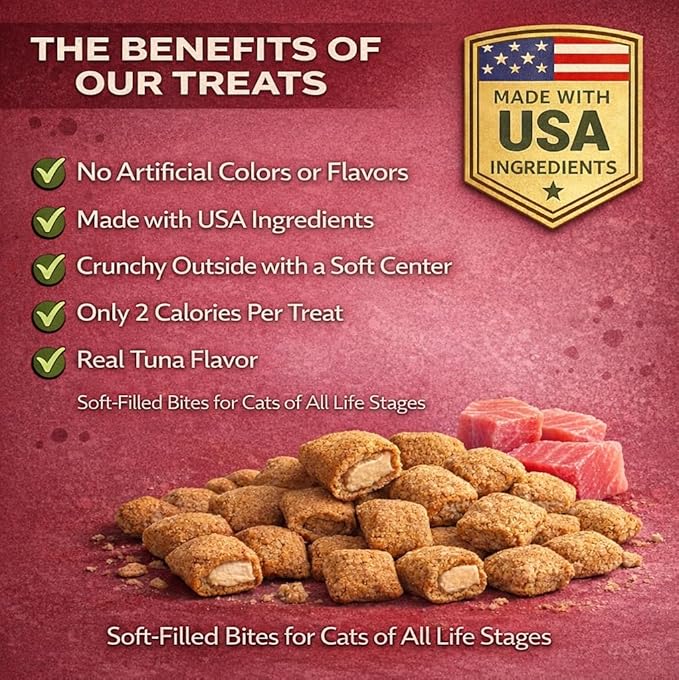 Tuna Cat Treats Crunchy Soft Filled Bites - Healthy Training Treats Indoor Cats Kittens Senior - Low Calorie Cat Snacks Food Topper No Artificial Flavors Wheat Soy Free All Breeds Made in USA 16 oz