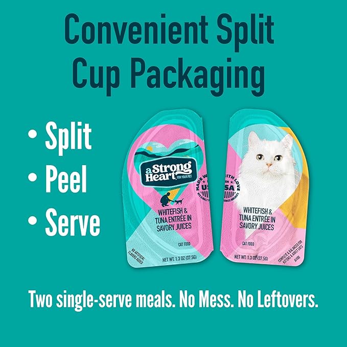 A Strong Heart Split Cup Wet Cat Food, Whitefish & Tuna Entree - 2.6 oz Split Cups, 20 Servings (Pack of 10), Made in The USA with Real Whitefish & Tuna