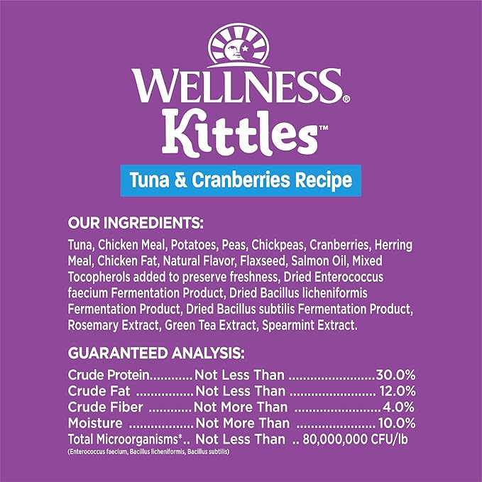 Wellness Kittles Crunchy Cat Treats, All Lifestages, Kitten to Senior, Natural, Grain Free, Tuna and Cranberry Flavor, 2 oz Bag (Pack of 2)