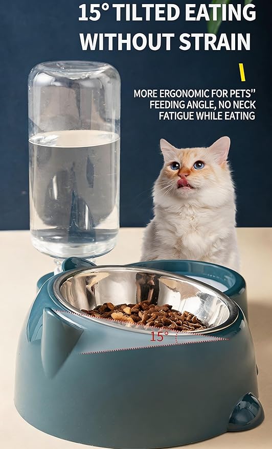 Generic Tilted Stainless Steel Dog Bowls, 2 in 1 Cat Water and Food Bowl, Automatic Refill Feeding Waterer Cat Bowls for Indoor Cats (Dark Blue)