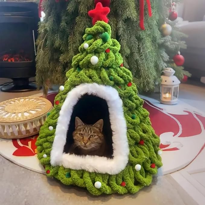 DIY Christmas Tree Cat Bed with Materials, Christmas Pet Tree House Package, DIY Felt Xmas Cave, Indoor Felt Nest for Cats and Kittens, Teepee Furniture Decorations for Family & Friends(A)