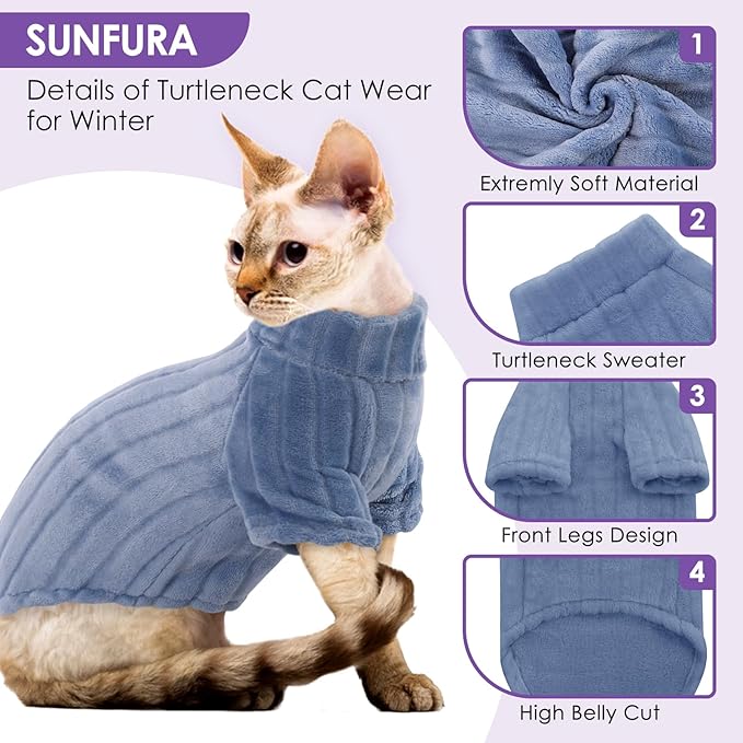 Sweaters for Cats, Hairless Sphynx Sweater Kitten Pullover with Sleeves, Warm and Soft Cat Pajamas Fleece Sweatshirt Jumpsuit, Turtleneck Clothes for Fall Winter, Blue S