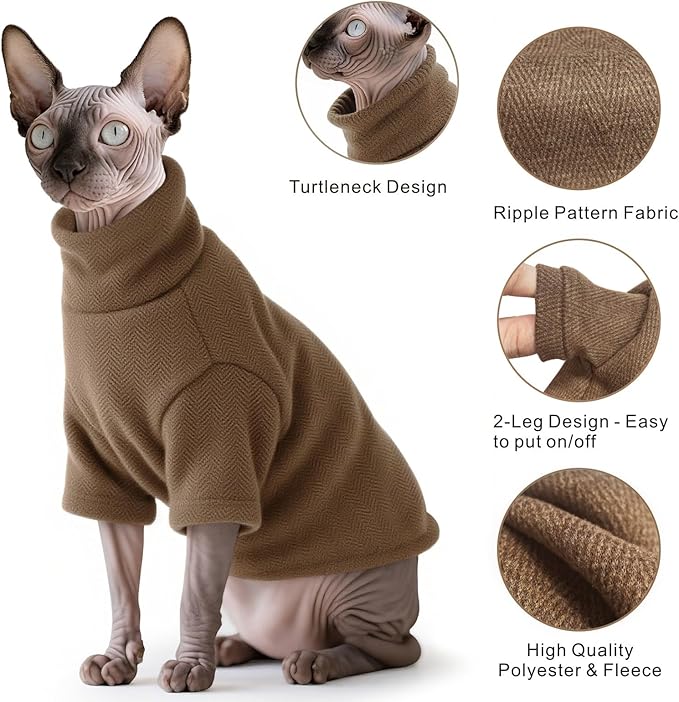 Idepet Sphynx Cat Warm Turtleneck Sweater Hairless Cats Shirt Pullover Kitten T-Shirts Thick Soft Fleece Clothes Cute Outfit Coat Pajamas for Cats and Puppy (Coffee, Large)