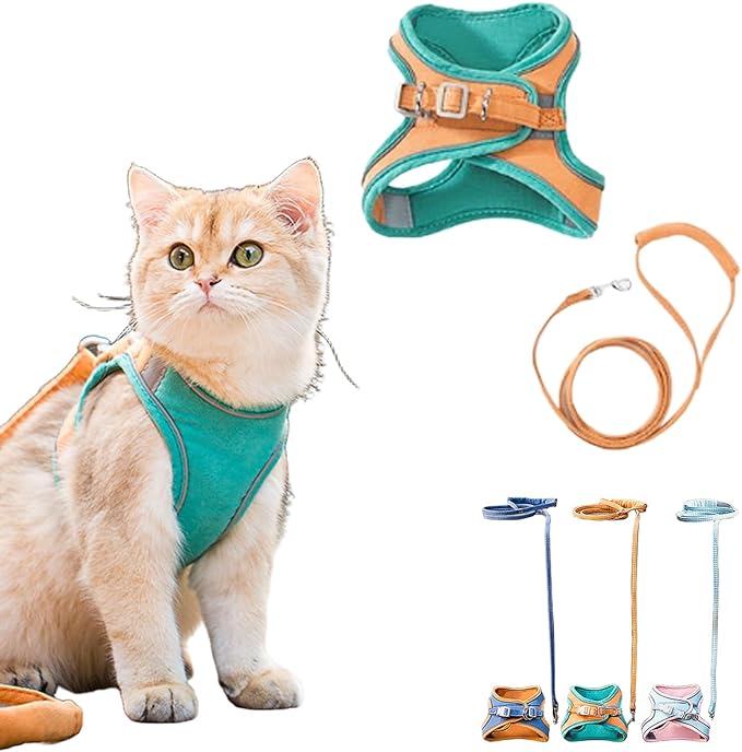 Cat Harness and Leash Set, Cat Leash and Harness Set with Reflective Strips, Escape Proof Adjustable Cat Harness, for Small Medium Large Pet Puppy Kitten Rabbit (Orange Green, L)