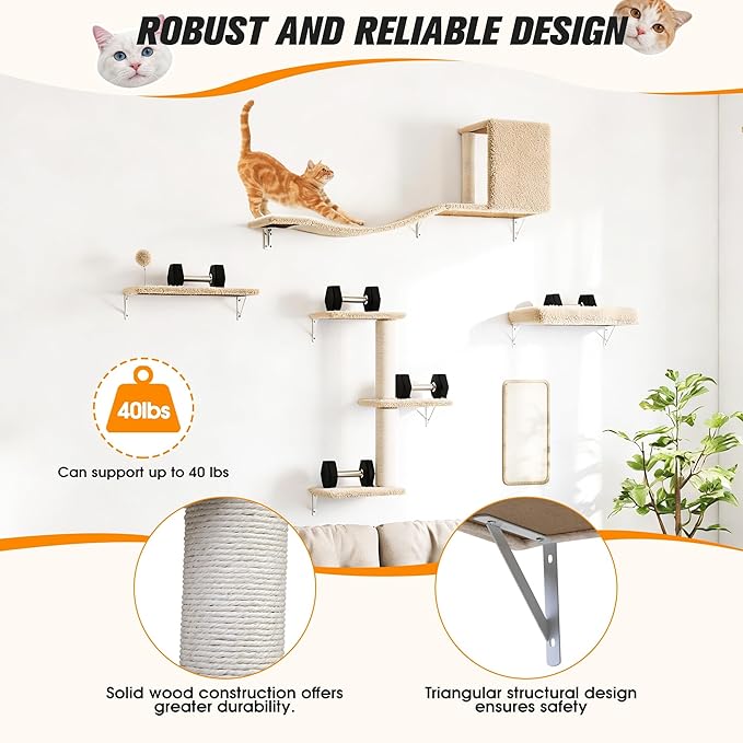 COZIWOW Cat Wall Shelves Set, 5-Piece Wall Mounted Cat Furniture with Cat Tree & Scratching Post, Floating Cat Perches for Indoor Cats（Beige）