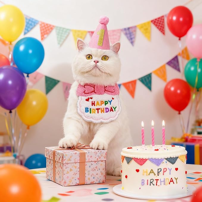 Reusable Cat Birthday Decorations Set - Adjustable Cat Birthday Hat & Bandana with Age Numbers | Kitty Celebration Kit for Memorable Milestones（Pink）