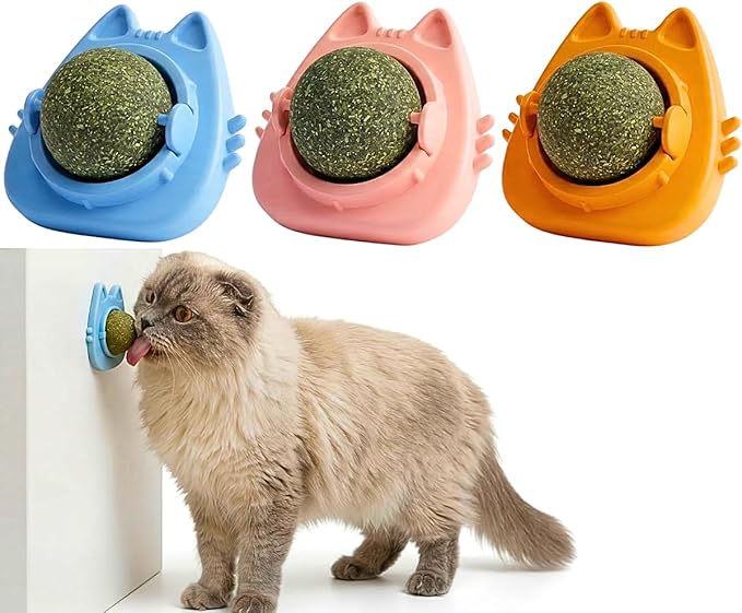 Catnip Balls for Cats Wall - 3 Pack Edible Kitty Toys for Cats Lick - Safe Healthy Kitten Chew Toys - Teeth Cleaning Dental Cat Toys - Silvervine 2 Inch Pink Blue Orange