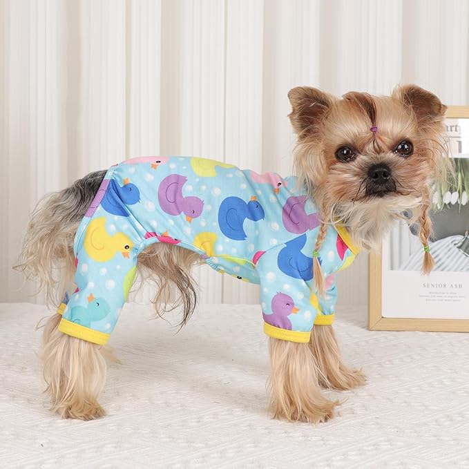 Dog Pajamas Small Sized Boy Girl, Cotton Stretchable Pet Clothes Jammies Puppy Outfits for Dogs Female Male, Spring Summer Doggie Doggy Pjs (Blue Duck, L)