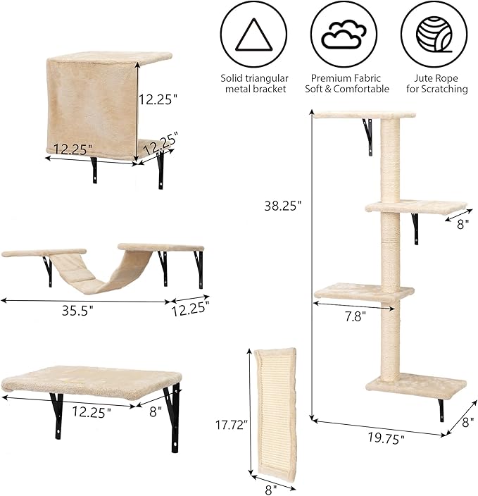 COZIWOW 5-Piece Cat Tree Set with Wall Mounted Cat Shelves, Cat Scratching Post & Cat Wall Furniture, Multi-Functional Indoor Cat Jungle Gym, Essential for Cat Room, Suitable for Large Cats(Beige)