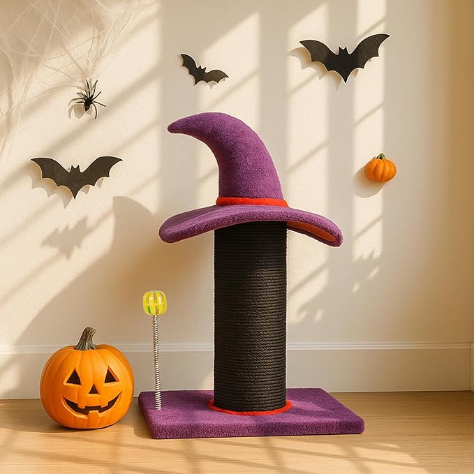 Wizard Hat Cat Scratching Post with Spring Ball Toy for Indoor Cats, Halloween Spooky Cat Scratcher, Purple(40 * 30 * 60cm)