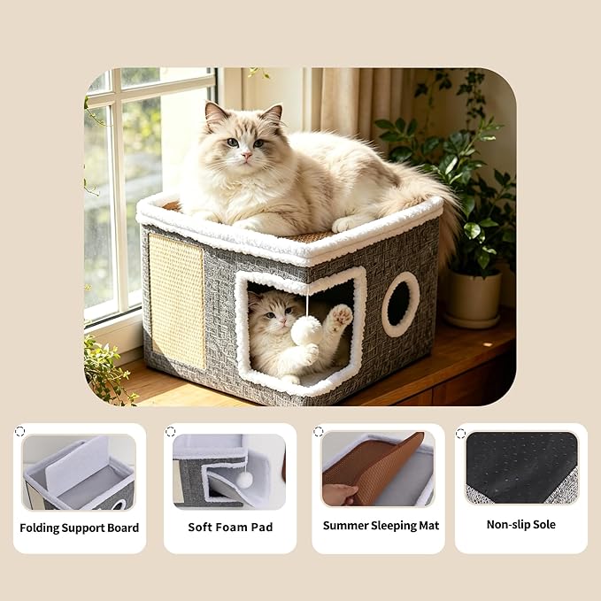 Foldable Cat Cave Bed for Indoor Cats, Cat Hideaway House with Hanging Fluffy Ball & Scratch Pad, Side with Toy Storage and Summer Cooling Mat, 16.14x16.14x12.2 Inches, Grey