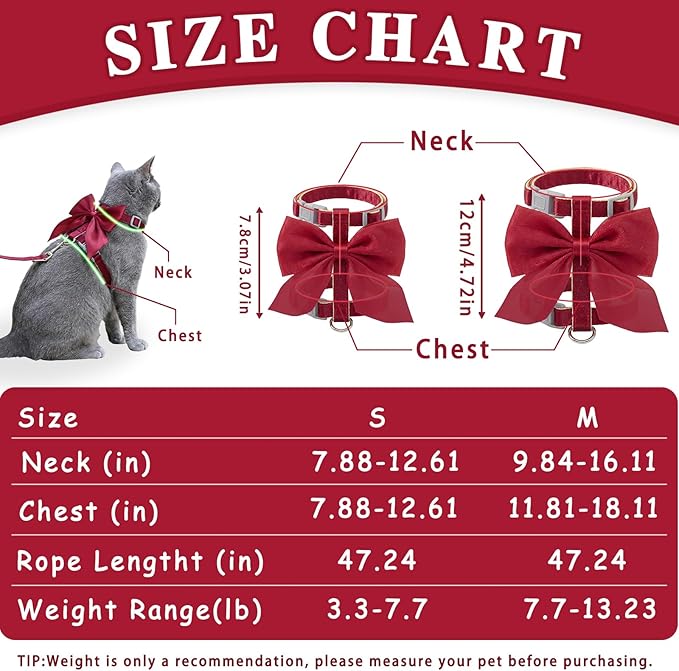 Tensho Red Bow Cat Harness and Leash Set Escape Proof, Adjustable Kitten Harness with Leash, Bow Tie Cat Harness for Walking Outdoor - Soft Lightweight Harness for Small Dogs Cats Rabbits (M)