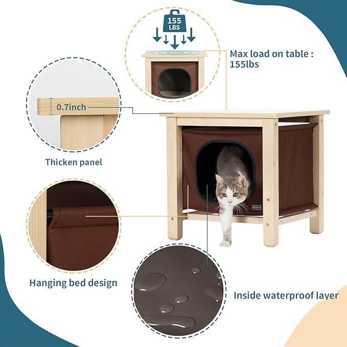 Petsfit Modern Indoor Cat House Furniture for Cats, Nightstand-Style Pet Bed with Removable Oxford Cloth Cover, Hanging Cat Cave with Thickened Top for Living Room/Bedroom Wooden Brown