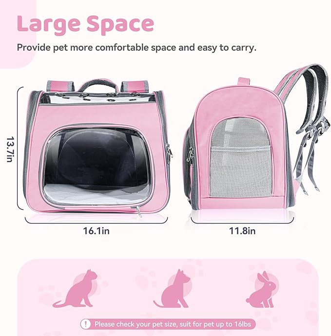 Innovative Traveler Backpack Pet Carriers Cat Backpack with Breathable Mesh Puppy Travel Carrier with Soft Padded Reinforced Support Foldable Small Dog Carrying Backpack for Kitty up to 15lbs (Pink)