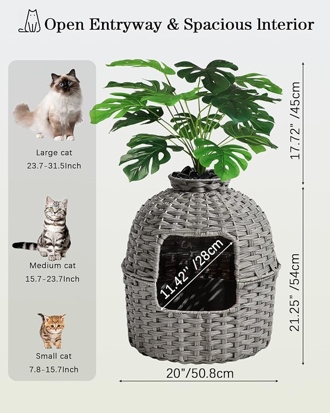 SETVSON Cat Litter Box Plant Enclosure, Hidden Handwoven Rattan with Cat Litter Box Furniture and Artificial Plants, Odor Control Filter, Real Stones in Living Room, Bedroom, Corner (Gray)